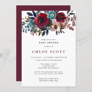 Invitation Fille Baby shower Bourgogne Rose Floral