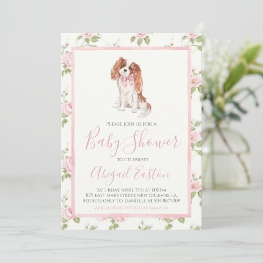 Invitation Fille Baby shower Cavalier Chien chiot (Debout devant)