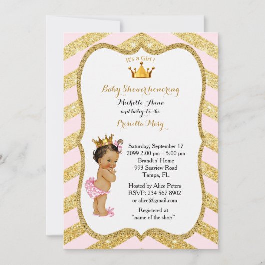 Invitation FILLE Baby shower, chevron doré, blanc & or v2 (Devant)
