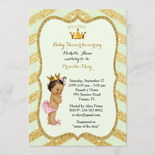 Invitation FILLE Baby shower, chevron doré, menthe et or v2