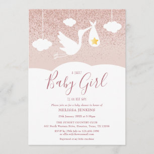 Invitation Fille Baby Shower Cigogne Rose Gold Pailleté