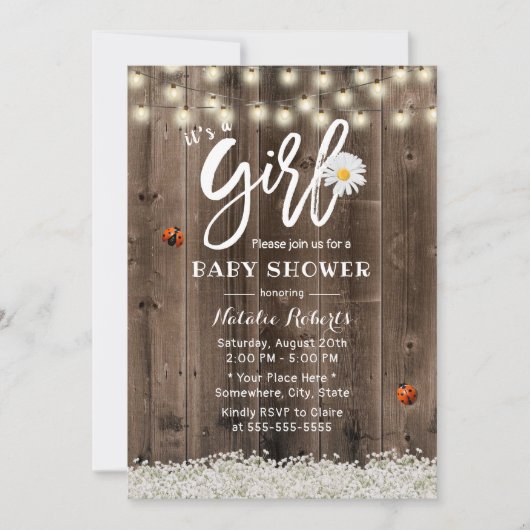 Invitation Fille Baby shower Daisy Rustique Fleur de souffle (Devant)