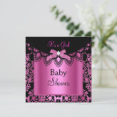 Invitation Fille Baby shower Damask Hot rose noir (Debout devant)
