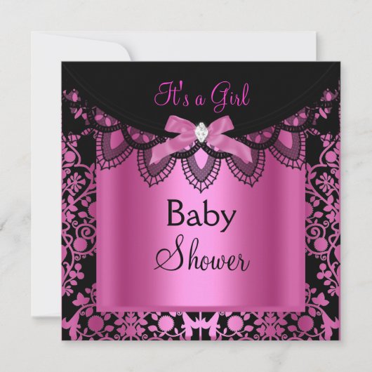 Invitation Fille Baby shower Damask Hot rose noir (Devant)