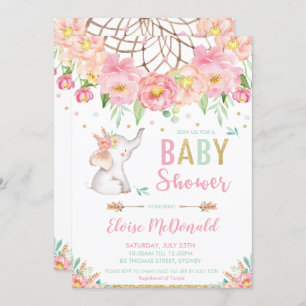 Invitation Fille Baby shower de Boho Eléphant Pink Mint Flora