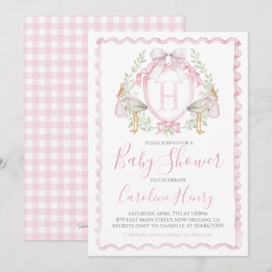 Invitation Fille Baby shower de cigogne Preppy En vichy rose (Devant / Derrière)