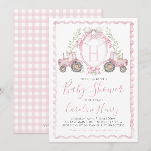 Invitation Fille Baby shower de ferme En vichy rose (Devant / Derrière)