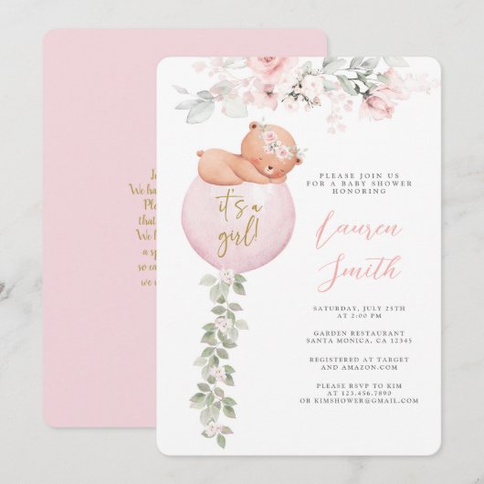 Invitation Fille Baby shower de l'ours rose Teddy (Devant / Derrière)