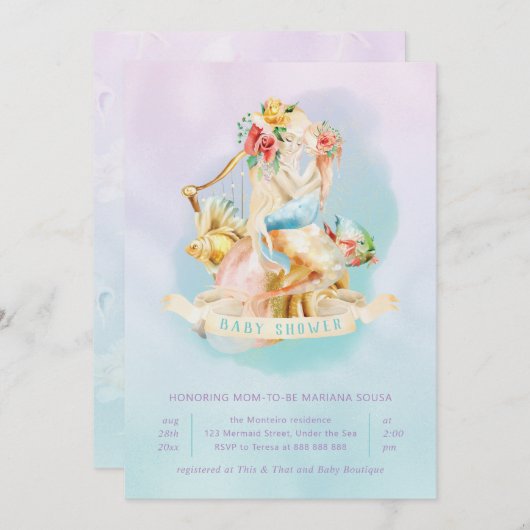 Invitation Fille Baby shower de Mermaid sous le Turquoise de (Devant / Derrière)
