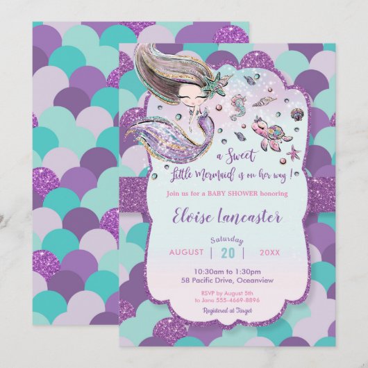 Invitation Fille Baby shower de sirène sous la mer violette (Devant / Derrière)