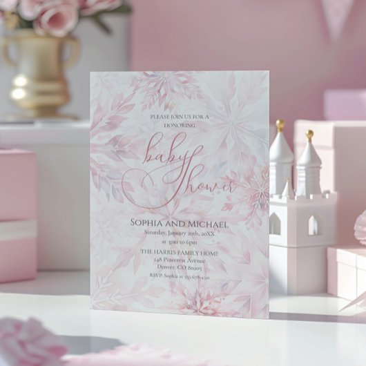 Invitation Fille Baby shower d'hiver Feu de neige rose