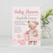 Invitation fille Baby shower d'ours rose mignonne (Debout devant)
