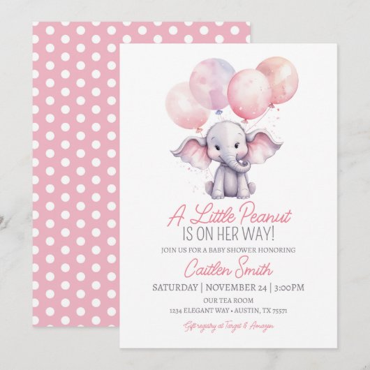 Invitation Fille Baby shower Eléphant À petits pois gris rose (Devant / Derrière)