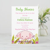 Invitation Fille baby shower Eléphant Fleurs roses (Debout devant)