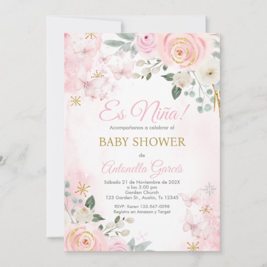 Invitation Fille Baby shower espagnole rose (Devant)