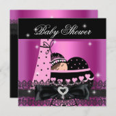 Invitation Fille Baby shower fête rose noir dentelle (Devant / Derrière)