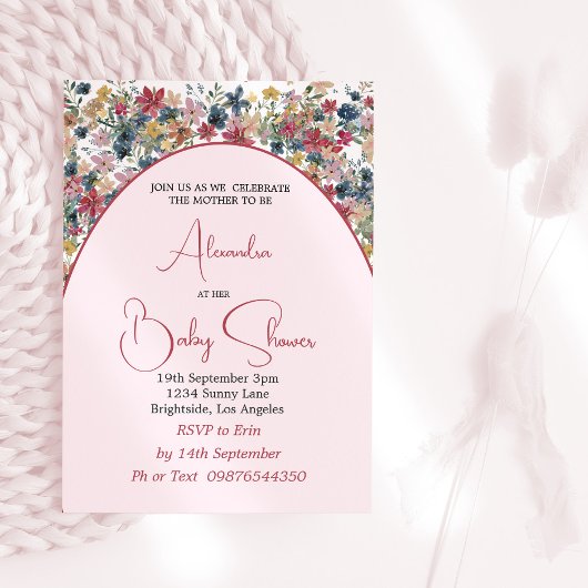 Invitation Fille Baby shower Fleur sauvage rose