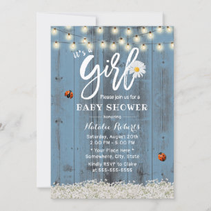 Invitation Fille Baby shower Fleurs rustiques Bois bleu foncé