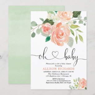 Invitation Fille baby shower floral aquarelles pêche verdure