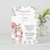 Invitation FILLE Baby shower, girafe, blanche, amande, feuill (Debout devant)