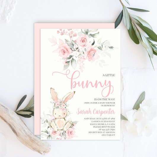 Invitation Fille Baby shower Lapin Rose Floral