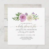 Invitation Fille Baby shower Lilac n Roses blanches Bois rust (Devant / Derrière)