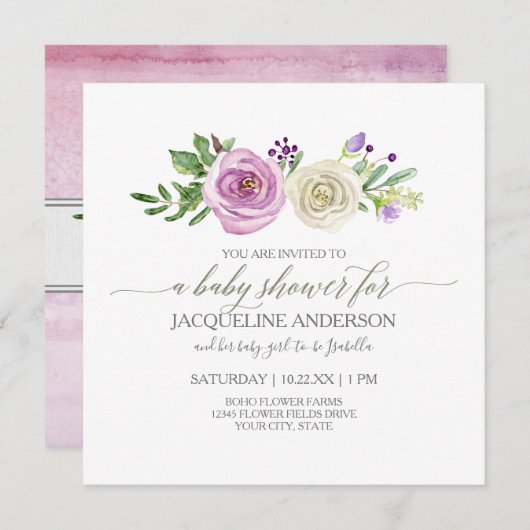 Invitation Fille Baby shower Lilac n Roses Blanches Feuillage (Devant / Derrière)
