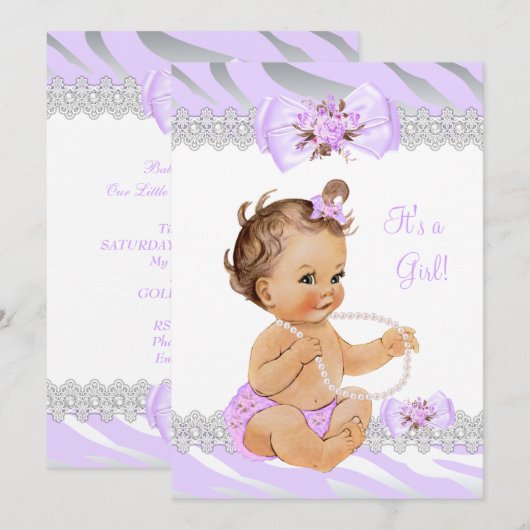 Invitation Fille Baby shower Lilac Zebra Dentelle Lumière Bru (Devant / Derrière)