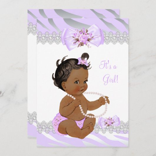 Invitation Fille Baby shower Lilac Zebra Lace Ethnique (Devant / Derrière)