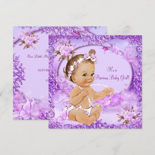 Invitation Fille Baby shower mauve Floral Precious (Devant / Derrière)