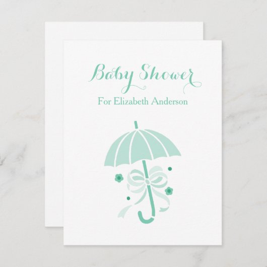 Invitation Fille Baby shower Mignonne Parapluie vert et Bow (Devant / Derrière)