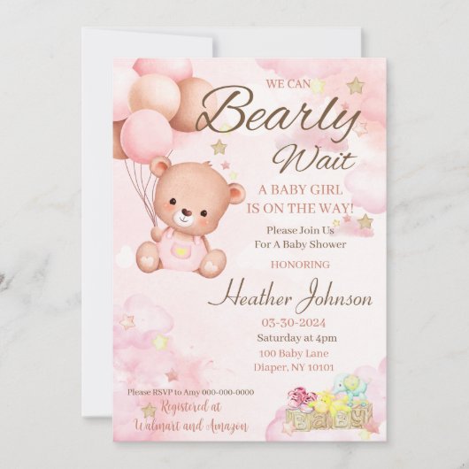 Invitation Fille Baby shower ours (Devant)