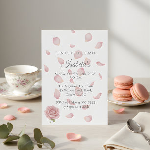 Invitation Fille Baby Shower Pétales de Rose Rose