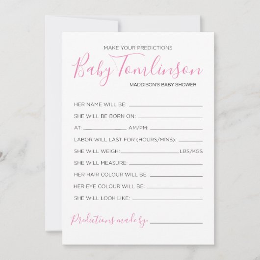Invitation Fille Baby shower prédictions Guess Game Card (Devant)
