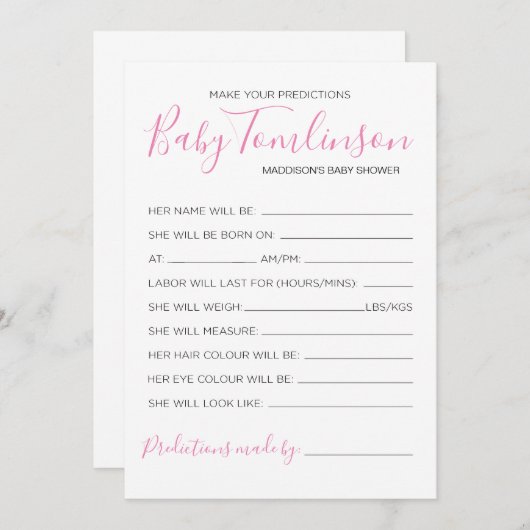 Invitation Fille Baby shower prédictions Guess Game Card (Devant / Derrière)