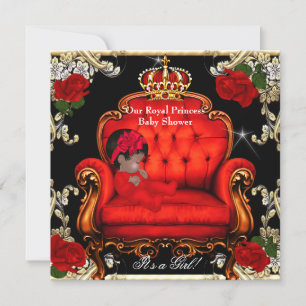 Invitation Fille Baby Shower Princesse Chaise Rose Rouge Or 3