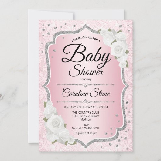 Invitation Fille Baby shower - Rose Argent Blanc (Devant)