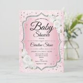 Invitation Fille Baby shower - Rose Argent Blanc (Debout devant)