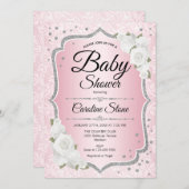 Invitation Fille Baby shower - Rose Argent Blanc (Devant / Derrière)