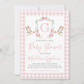 Invitation Fille Baby shower rose En vichy cigogne Monogramme (Devant)
