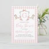 Invitation Fille Baby shower rose En vichy cigogne Monogramme (Debout devant)