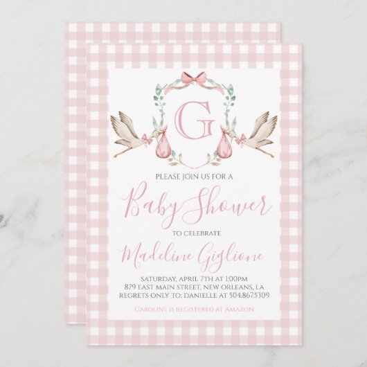 Invitation Fille Baby shower rose En vichy cigogne Monogramme (Devant / Derrière)