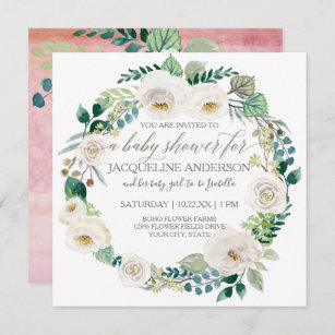 Invitation Fille Baby shower rose et blanc Roses feuille cour