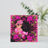 Invitation Fille baby shower Rose Fleurs 2 (Debout devant)
