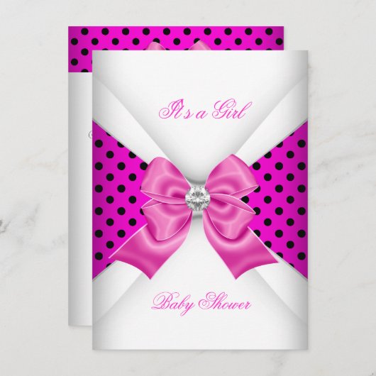 Invitation Fille Baby shower rose noir points blancs (Devant / Derrière)