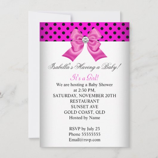 Invitation Fille Baby shower rose noir points blancs (Dos)