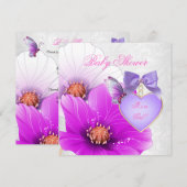 Invitation Fille Baby shower rose papillon pourpre Floral (Devant / Derrière)