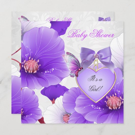 Invitation Fille Baby shower rose papillon pourpre Floral 2 (Devant / Derrière)