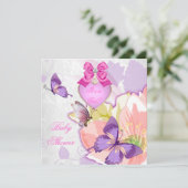 Invitation Fille Baby shower rose papillon violet Floral (Debout devant)
