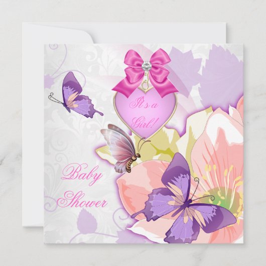 Invitation Fille Baby shower rose papillon violet Floral (Devant)